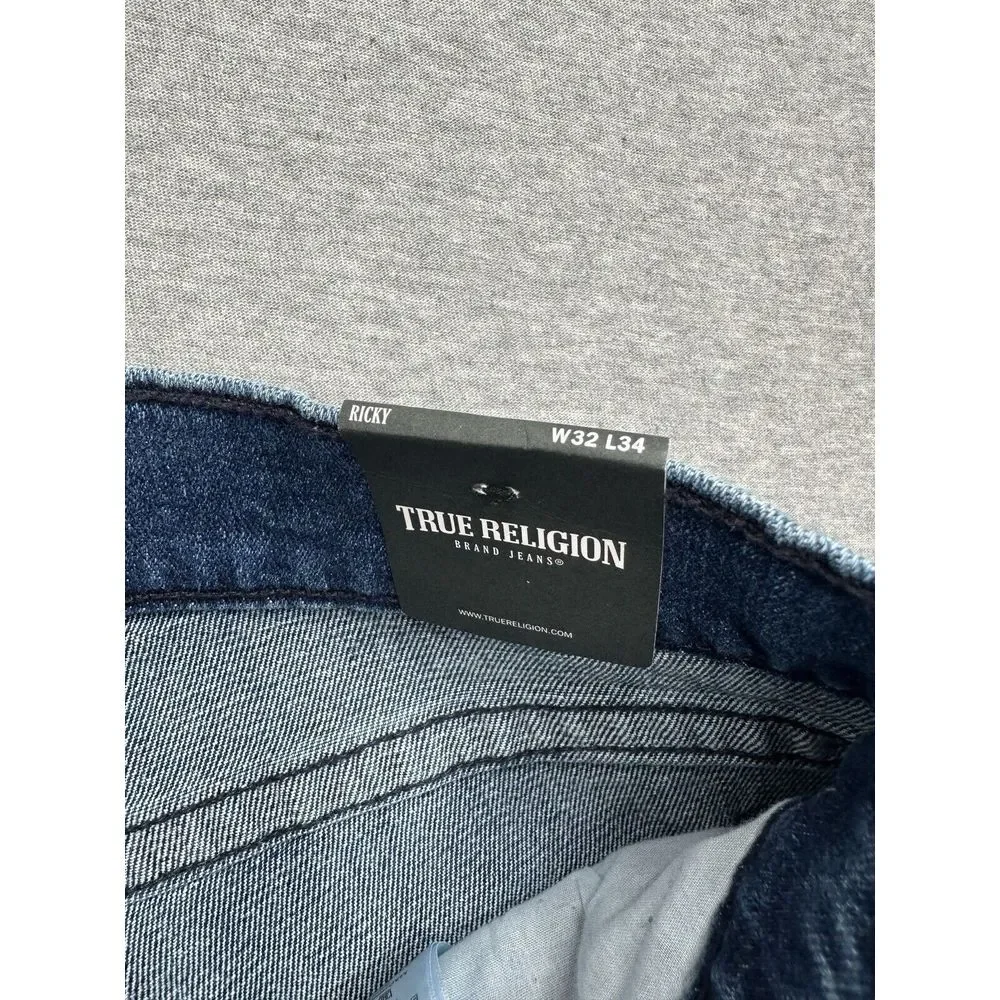 TRUE RELIGION‎ MENS RICKY STRAIGHT BLUE JEANS Distressed 32/34 $159.00 NWT